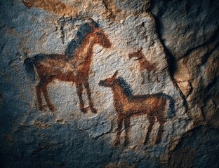 Cave wall painting horses, dog, ancient art, history