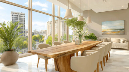 A modern open-plan office interior with stylish furniture and thoughtful design. The space is filled with natural light and equipped with modern equipment and decor elements, creating an atmosphere of