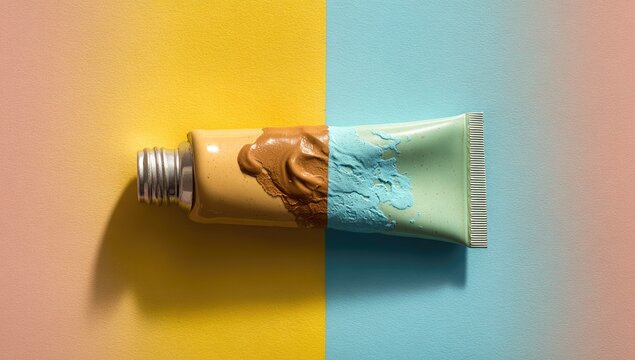 Split paint tube, studio backdrop, color contrast, artistic supplies, creative concept