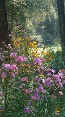 Obraz premium Sunlit garden with vibrant pink & yellow wildflowers, trees, and lush greenery