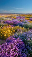 Obraz premium Vast field of colorful wildflowers under clear blue sky, mountains in distance