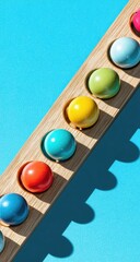 Colorful spheres nestled in a wooden tray on a vibrant blue background