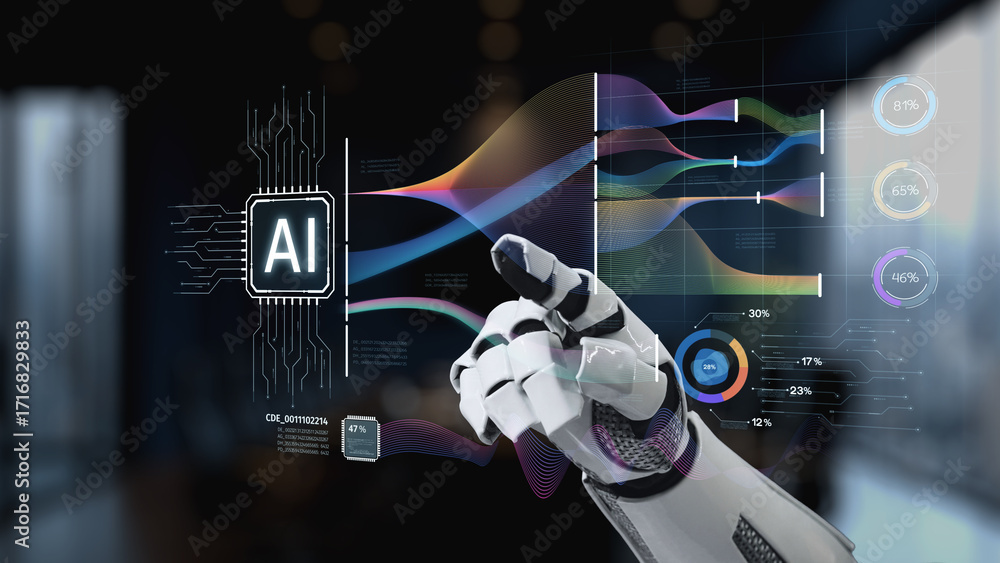 Poster a robotic arm interacts with an advanced artificial intelligence interface, showcasing vibrant data 