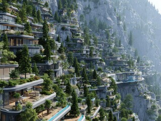 Cliffside homes terraced on a mountain, integrated with nature
