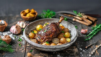 Gourmet Holiday Feast for Restaurant Menus and Culinary Magazines: Roasted Duck Leg with Potatoes on a Rustic Table, Christmas Dinner