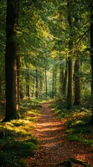 Sunlight streams down a forest path, illuminating trees and greenery