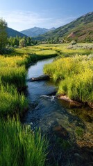 Scenic river winds through lush green field and yellow flowers, mountains in background