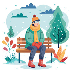 Vector Art of Person Sitting on Bench in Snowy Park Wearing Winter Clothing with Trees and Falling Snow