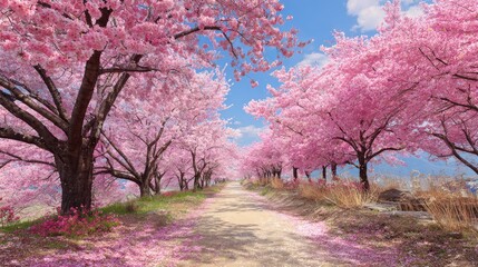 Fototapeta premium Pink cherry blossoms bloom along a path under blue skies, springtime scenery