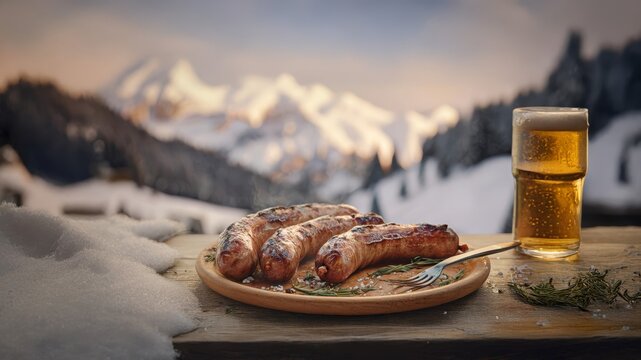 Holiday Food & Drink for Brewery and Travel Campaigns: Grilled Sausages and Beer in a Snowy Alpine Landscape, Cozy Winter Food