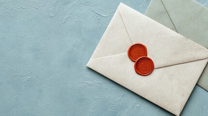 Two sealed letters with wax seals on blue textured surface