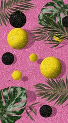 Abstract art with yellow, black spheres, palm leaves, on pink glitter
