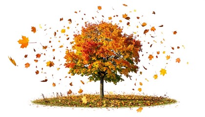 A vibrant autumn tree with falling leaves against a plain white background.