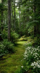Serene forest path, mossy ground, dappled sunlight, lush greenery