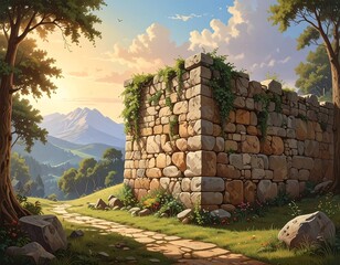 A sun-drenched landscape unfolds, revealing a weathered stone wall at the edge of a grassy path, leading to a vista of rolling hills and distant mountains.