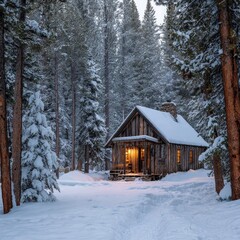 Cozy cabin nestled in snow-covered forest, lights glow warmly