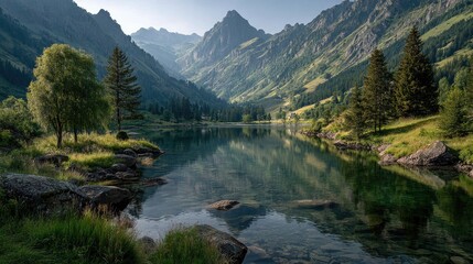 and keyword list based on the image

 Mountains Reflected in Lake Amidst Green Forest and Grass, Alpine Scenery.