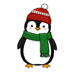 A charming penguin wearing a festive hat and scarf. The penguin looks adorable with its cute expression, ready for the winter season