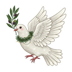 A dove carrying an olive branch, symbolizing peace and harmony. The dove features a beautiful christmas garland around its neck, with a gentle illustration style