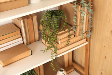 Books and houseplants on shelves in bookcase. Closeup
