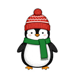 A Cute Penguin in a Red Hat and Green Scarf Smiling Happily