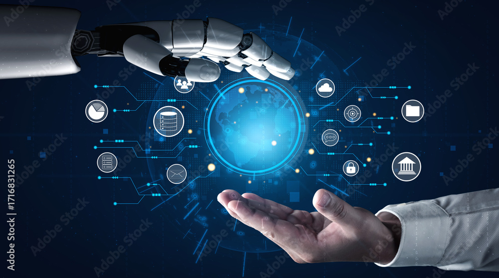 Aufkleber an ai powered global business network and digital infrastructure. a worldwide connection of ai servi