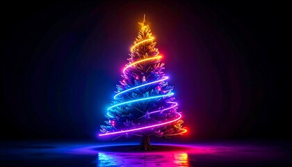 A vibrant, neon-lit Christmas tree stands out against a dark backdrop, showcasing a mesmerizing array of colorful lights.