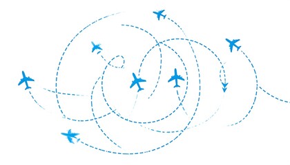 A dynamic display of blue aircraft traversing a network of flight paths against a white backdrop.