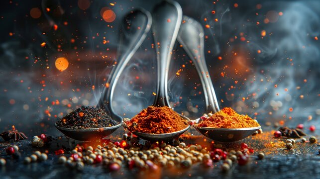 Colorful spice powders displayed on spoons for culinary inspiration and flavor exploration