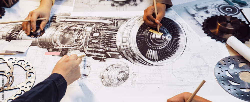 Poster Hands collaborate over a large table filled with sketches and tools, focusing on the intricate design of a turbine engine. The workspace embodies teamwork and innovation in engineering. SACTR