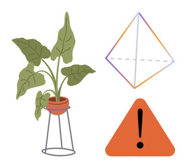 Green leafy plant in a pot on a stand, diamond-shaped geometric figure, and orange exclamation warning triangle. Ideal for safety, caution, environment, sustainability, growth, geometry minimalism
