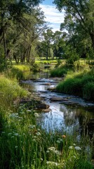 Serene river scene with lush green vegetation reflecting in the calm water