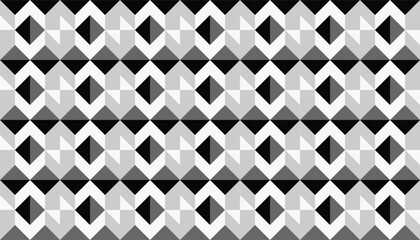 Monochrome seamless geometric pattern with interlocking chevron shapes in black, white, and gray. Modern abstract design suitable for wallpapers, textiles, packaging, and digital backgrounds