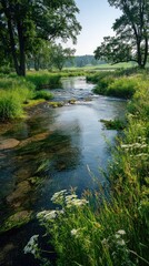 Serene river flows through lush green meadow, sunlight dappling the water