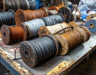 Assorted spools of different colored wires and cables rest on a weathered surface.