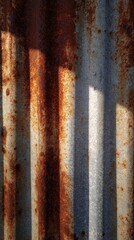 Weathered corrugated metal with streaks of rust and sunlight shadows
