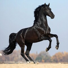 A powerful black horse in mid-stride, showcasing its strength and agility against a serene backdrop.