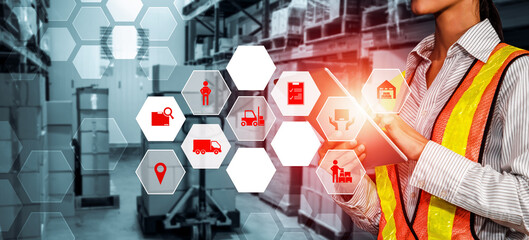 Smart warehouse management system with innovative internet of things technology to identify package picking and delivery . Future concept of supply chain and logistic network business .
