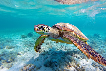 Fototapeta premium Colorful sea turtle gracefully swimming underwater, showcasing vibrant patterns and textures, surrounded by clear blue ocean water and sandy seabed, representing marine life beauty