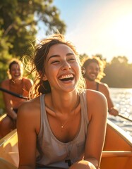 A group of friends laugh happily while paddling a canoe on a sunny day.