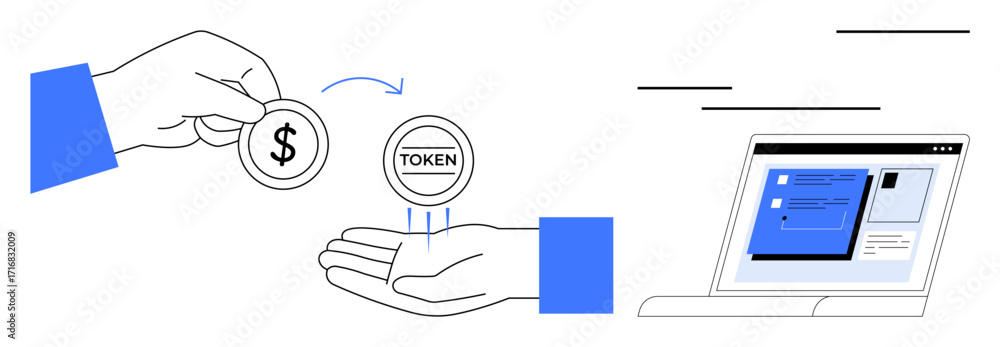 Poster hands exchanging dollar coin for token, symbolizing digital transactions and cryptocurrency, with a 