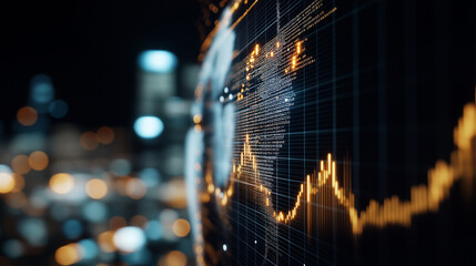 Digital data visualization with glowing graphs and charts on a dark background, showcasing financial trends and analytics in a modern urban environment