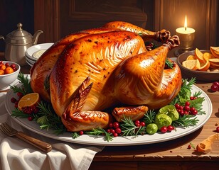 A golden roasted turkey sits elegantly on a platter, garnished with fresh herbs and berries, showcasing a festive and delicious feast.