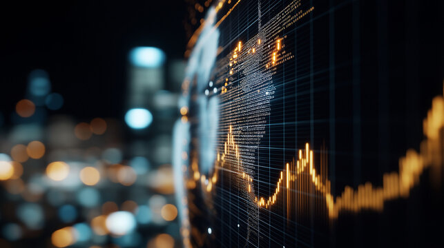 Digital data visualization with glowing graphs and charts on a dark background, showcasing financial trends and analytics in a modern urban environment