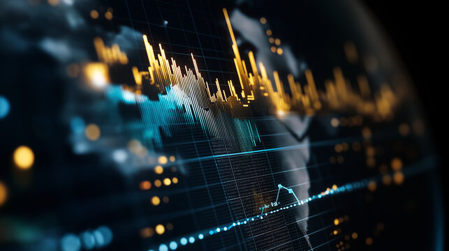 Abstract digital globe with data visualization, featuring glowing graphs and charts, representing global analytics and technology trends in a futuristic design
