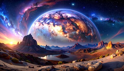 A breathtaking vista of a surreal planet, showcasing a vibrant landscape of towering mountains, a tranquil lake, and a luminous celestial body against a breathtaking starry sky.