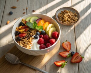 fresh healthy breakfast bowl with fruits granola