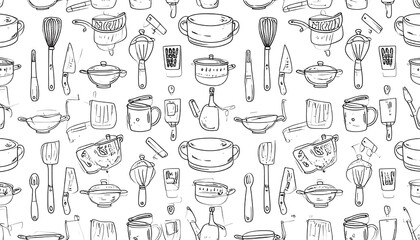 A seamless pattern design features a collection of various kitchen utensils, depicted in a hand-drawn style.