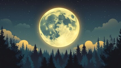 Naklejka premium A full moon glows above a silhouetted forest and cloudy night sky