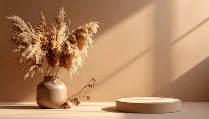 A beige-toned still life featuring pampas grass in a ceramic vase, a simple round podium, and warm, natural light.